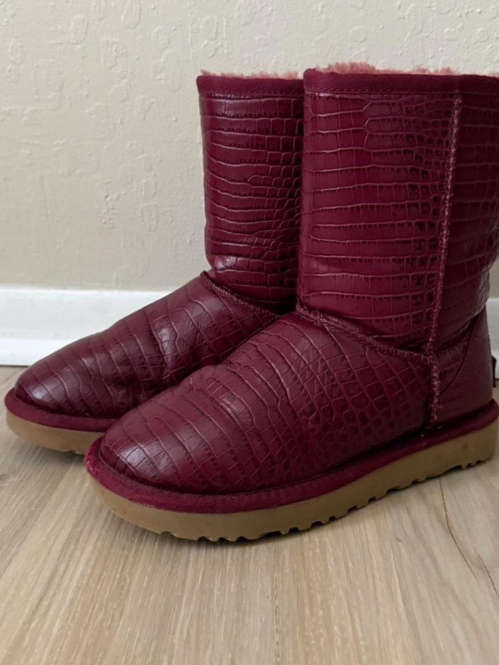 UGG Burgundy Croc-Embossed Shearling Boots